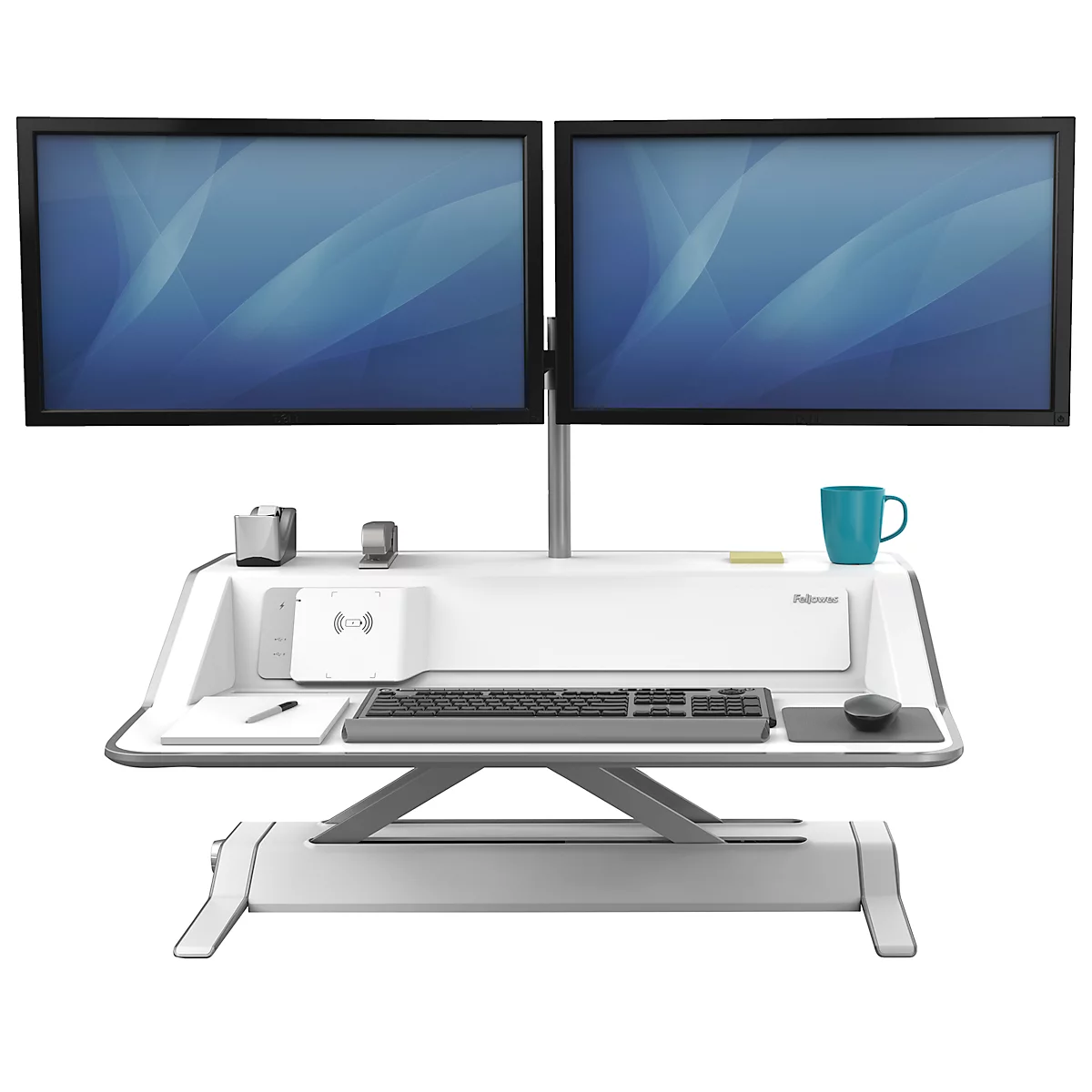 Sitz-Steh Workstation Fellowes Lotus™ DX, Monitorplattform & Tastaturablage, Ladestation & 2 x USB, höhenverstellbar, Microban®-Beschichtung, weiß