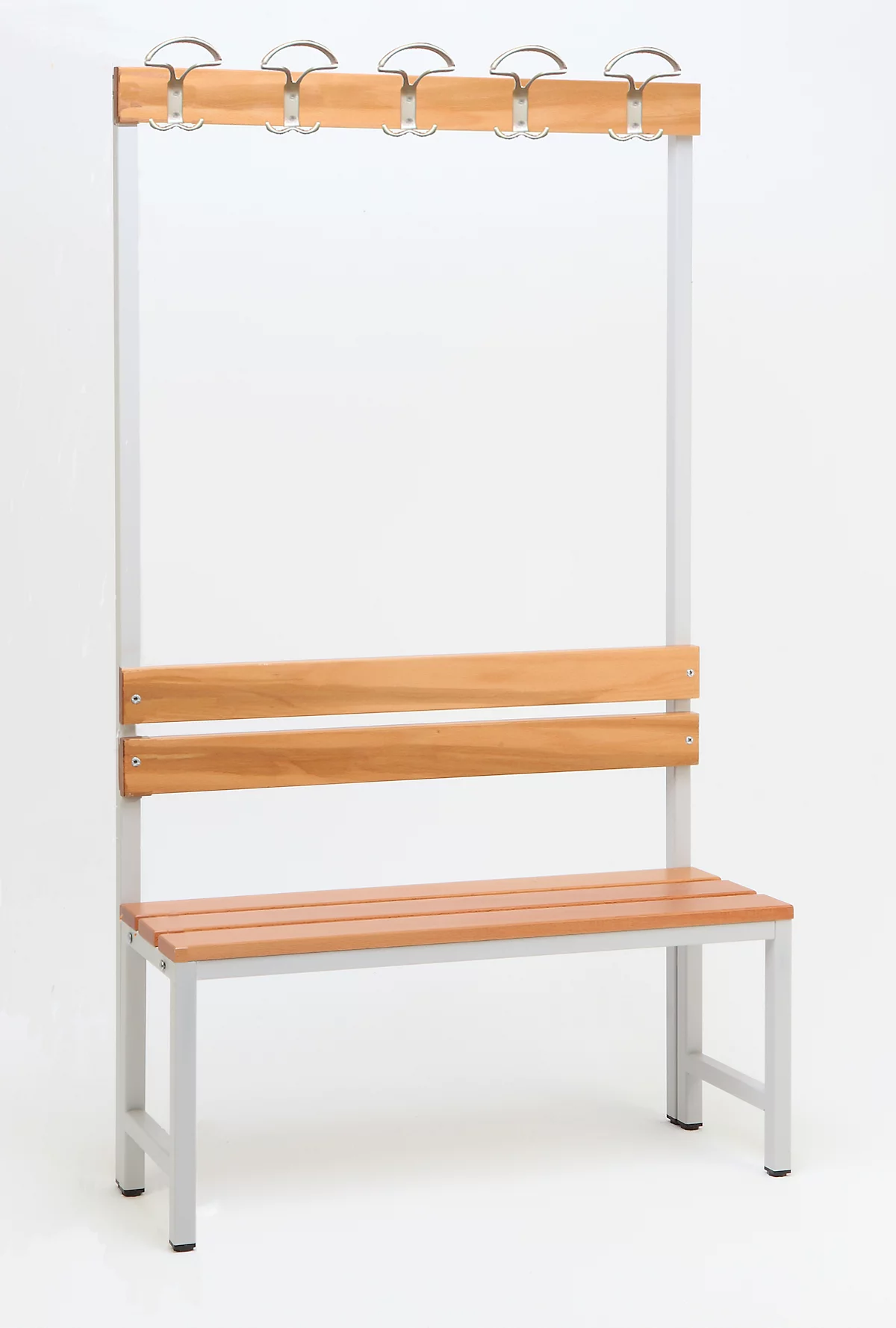 Sitzbank für Umkleideräume mit Rückwand und Hakenleiste L 1000 mm