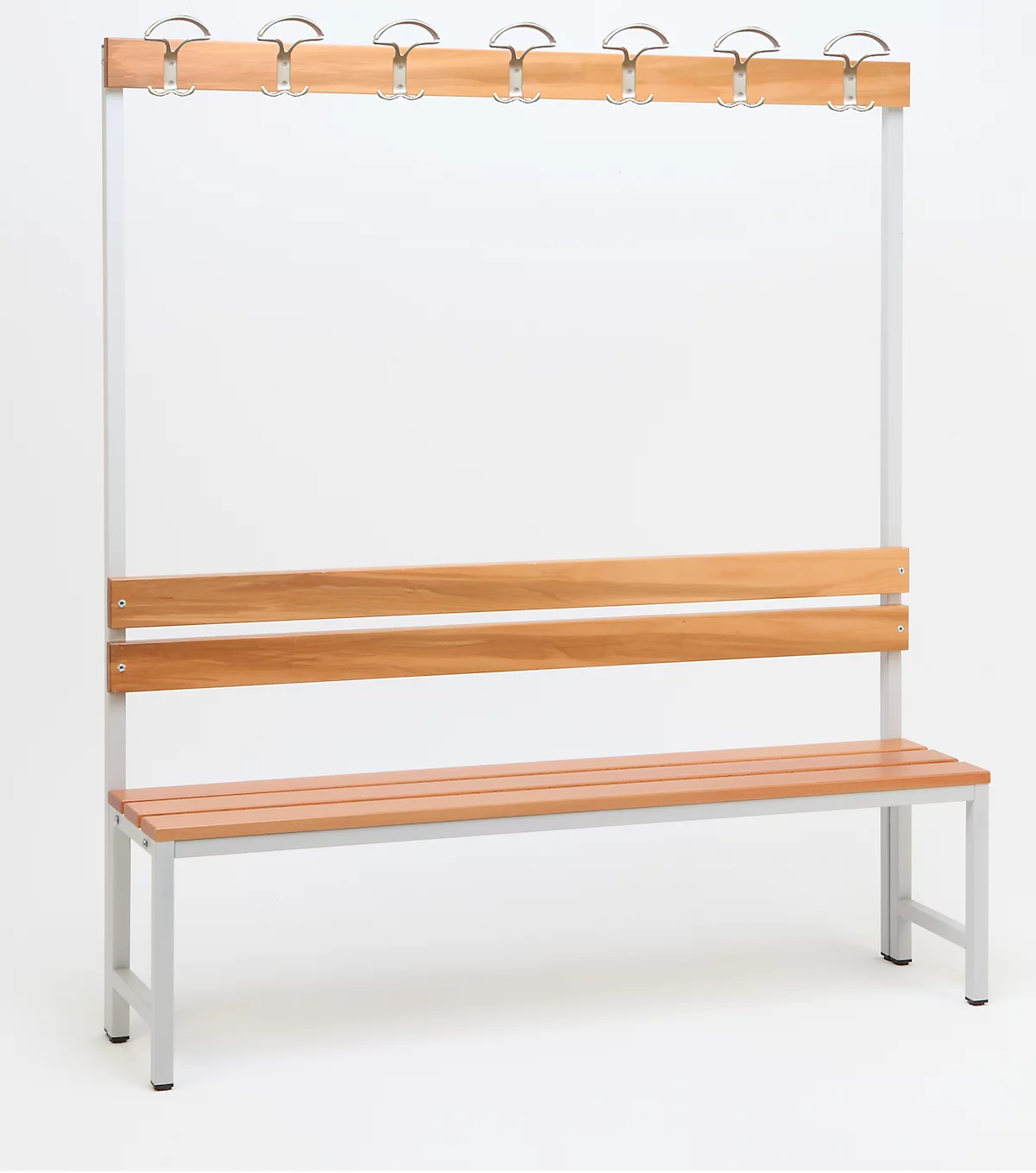 Sitzbank für Umkleideräume mit Rückwand und Hakenleiste L 1500 mm