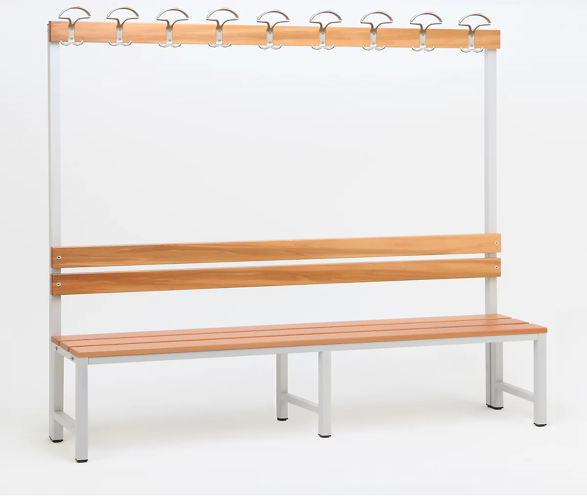 Sitzbank für Umkleideräume mit Rückwand und Hakenleiste L 2000 mm