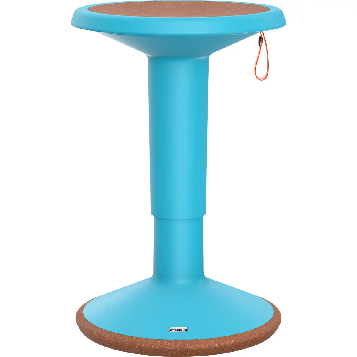 Türkis-brauner Stehhocker, der in der Höhe verstellt werden kann. Brauner Sitz und Unterseite, orangefarbene Schlaufe.