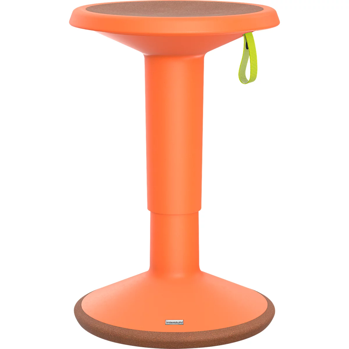 Stehhilfe in Orange mit brauner Sitzfläche, Griffband und verstellbarer Höhe.