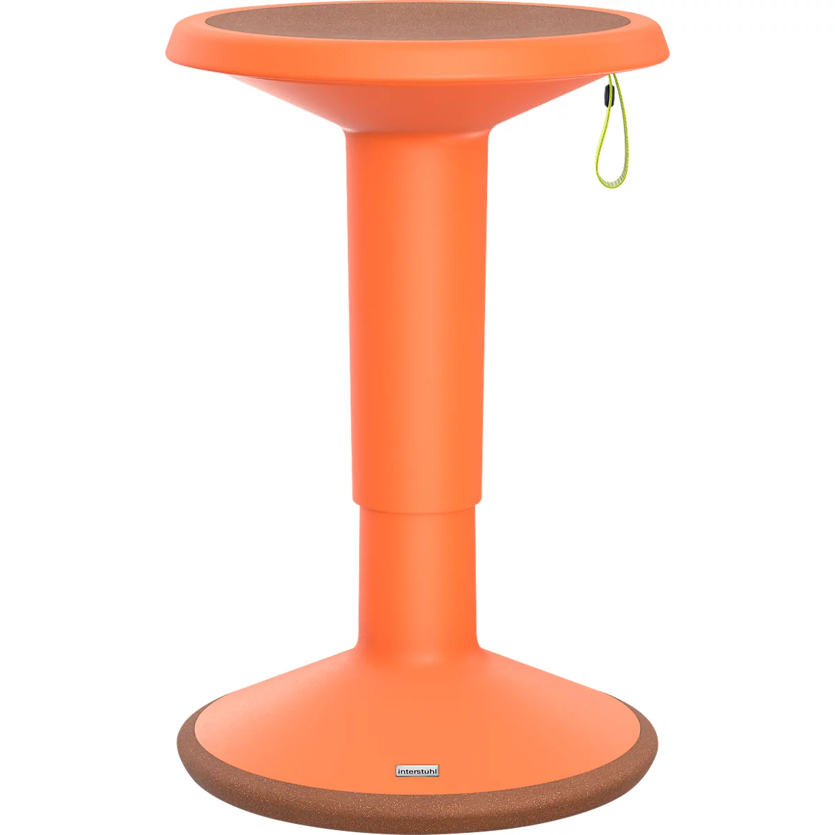 Orangefarbener Stehhocker mit brauner Sitzfläche, gelber Schlaufe.