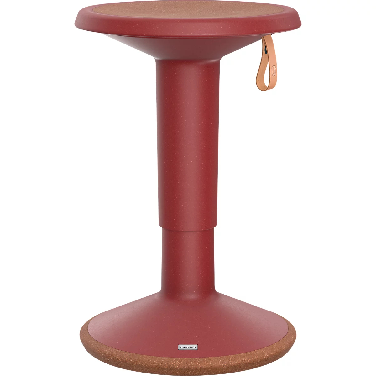 Roter Stehhocker, mit beigefarbener Sitzfläche und Ledergriff.