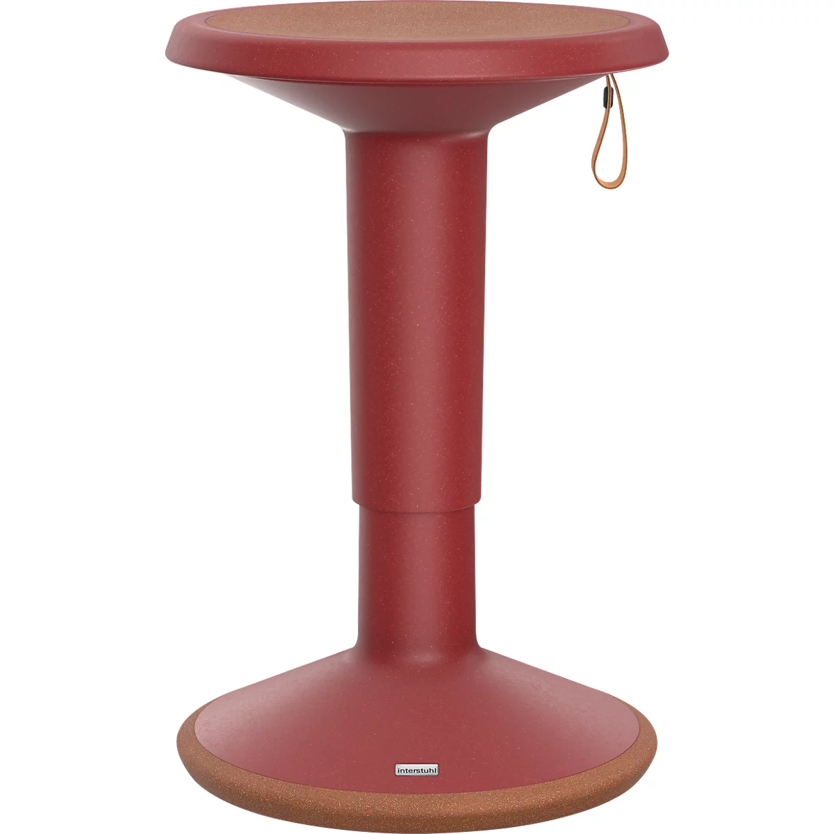 Roter Stehhocker mit brauner Sitzfläche, Lederband zum Tragen.