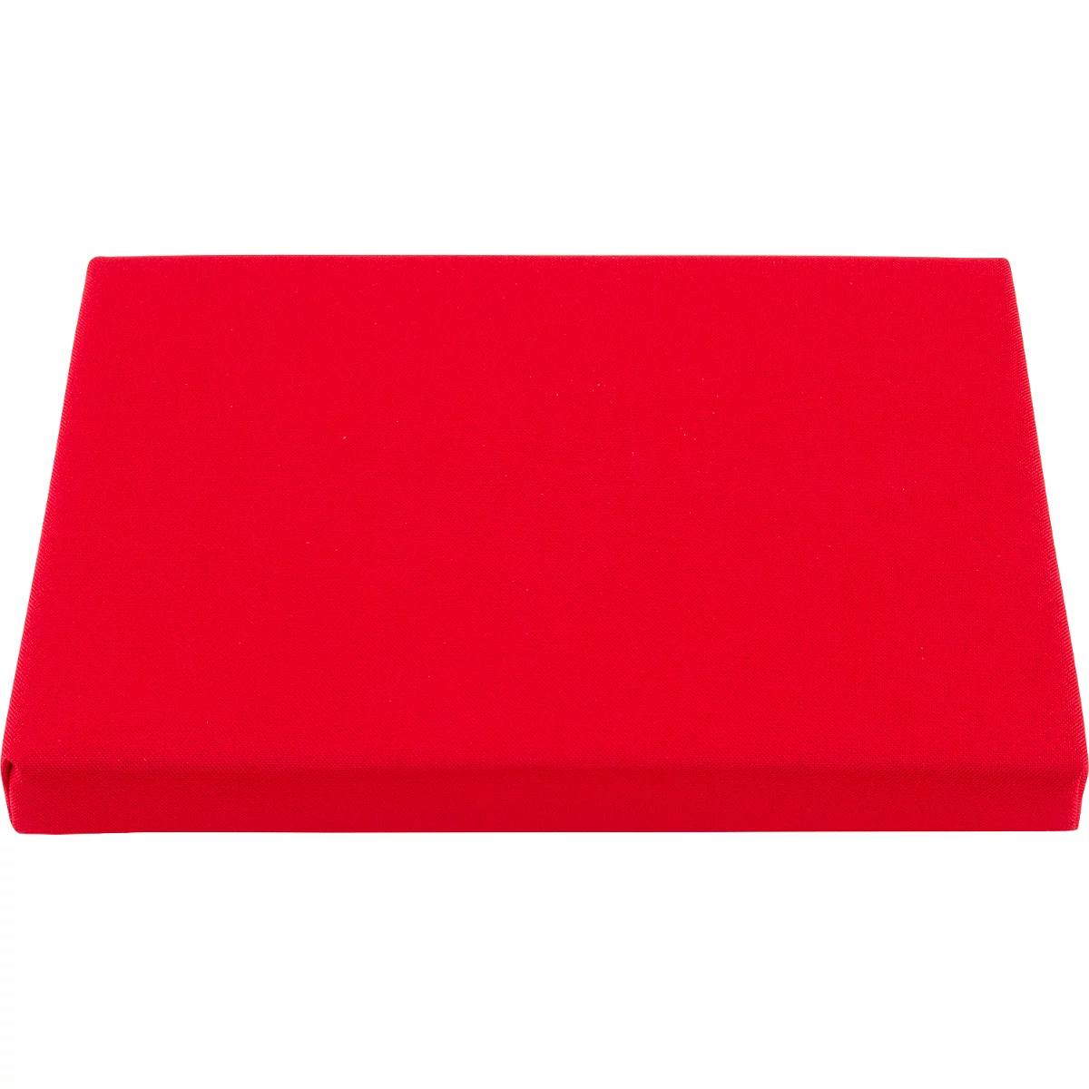 Ein quadratisches, leuchtend rotes Sitzkissen vor neutralem Hintergrund.