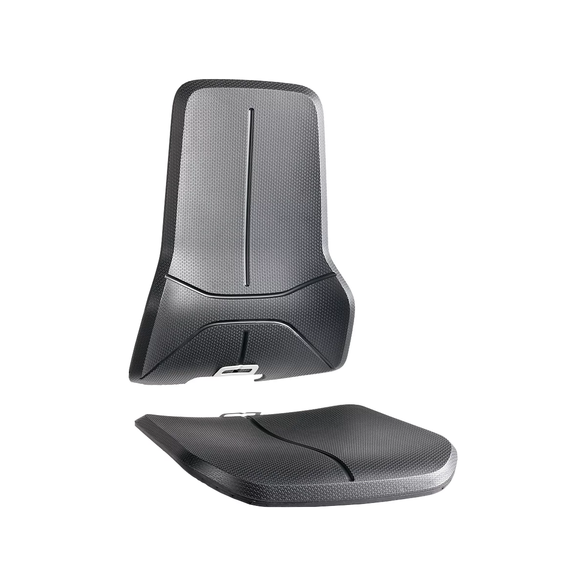 Schwarzer, ergonomischer Bürostuhl, Rückenlehne und Sitz. Perforierte Oberfläche, vertikale Rinne. Detail. 