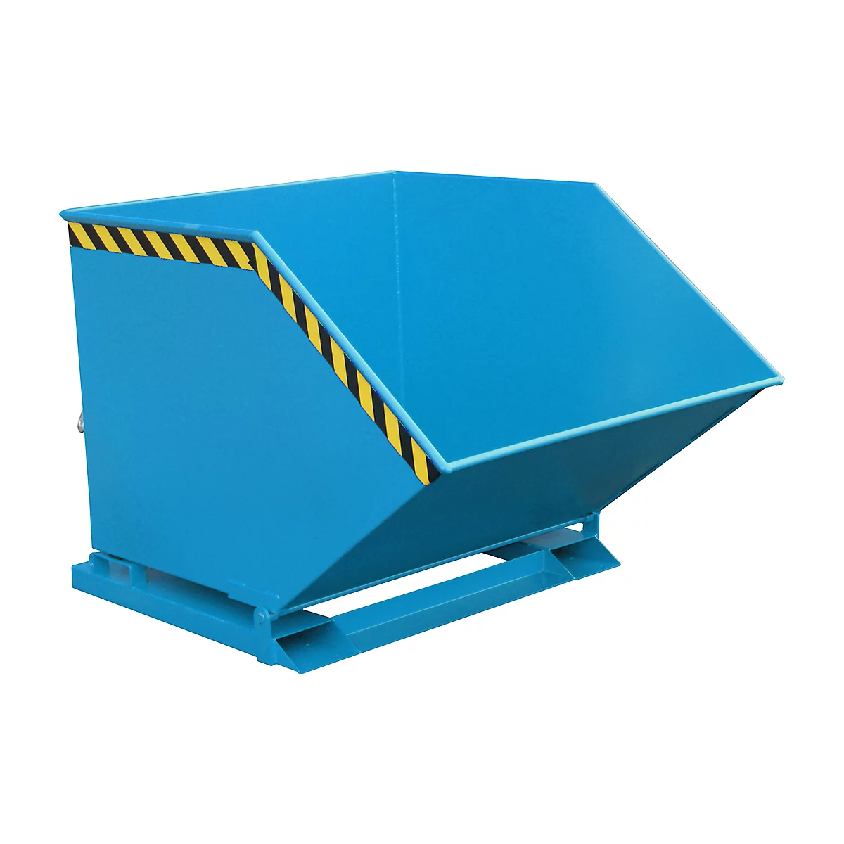 Blue metal skip bin with yellow and black warning stripes. Skip bin stands on a metal frame.