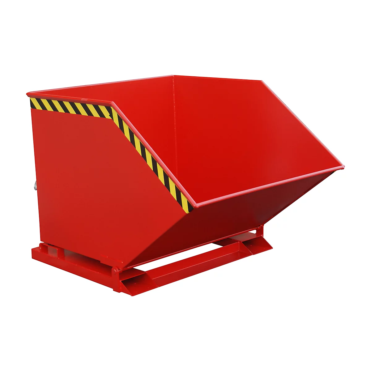 Red tipping skip, photographed diagonally from the front, with yellow and black warning stripes.