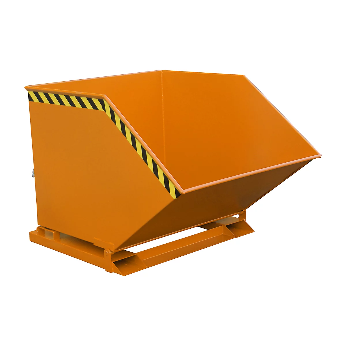 Orange metal container with slanted top and black and yellow warning stripes.