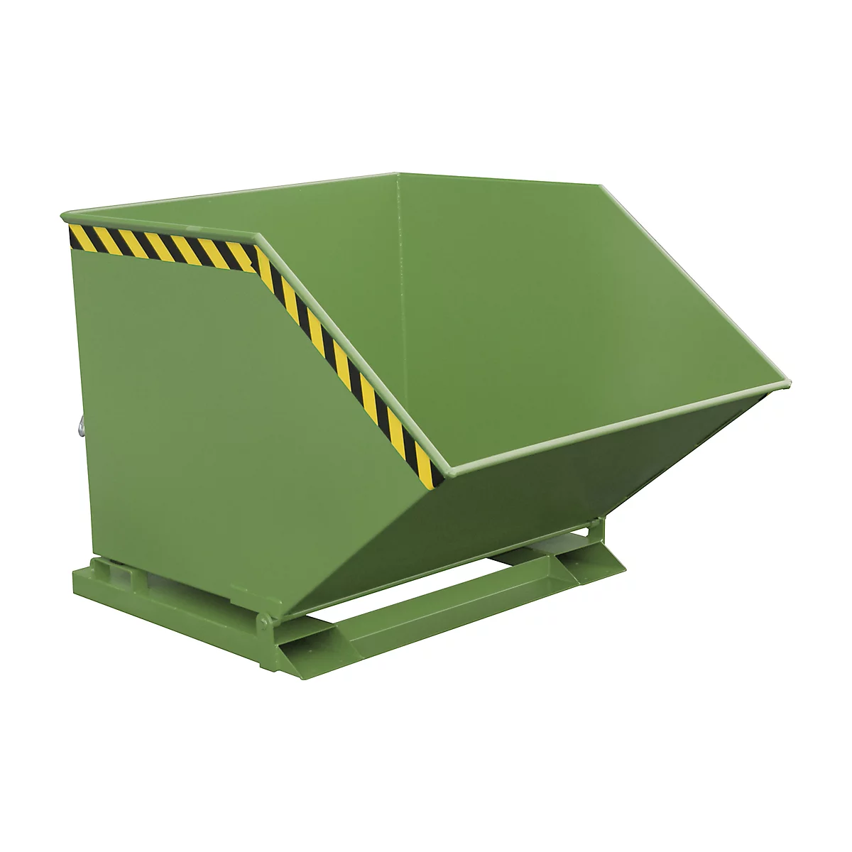 Green tipping skip with black and yellow warning marking.