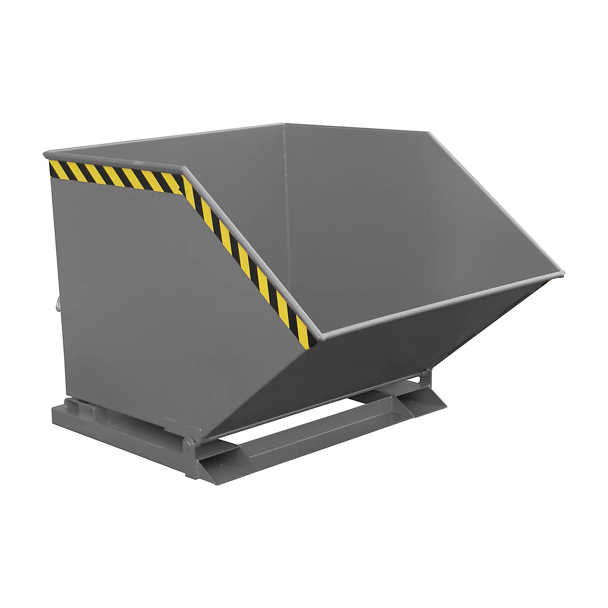 Gray steel skip with yellow and black warning tape. The container stands on a gray steel frame.