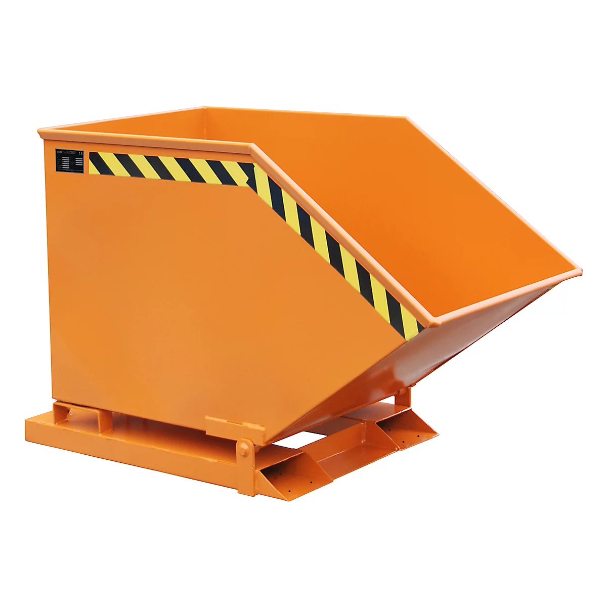 Orange tilting container with yellow and black warning stripes. The container stands on a metal frame.