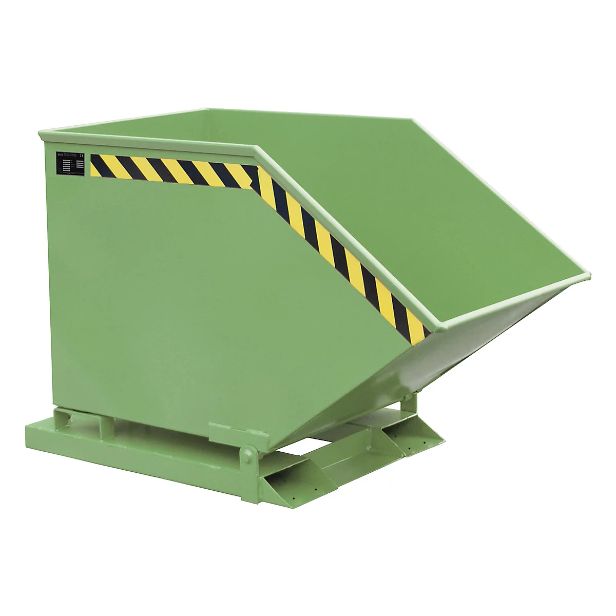 Green tipping skip with black and yellow warning stripes, stands on a base.