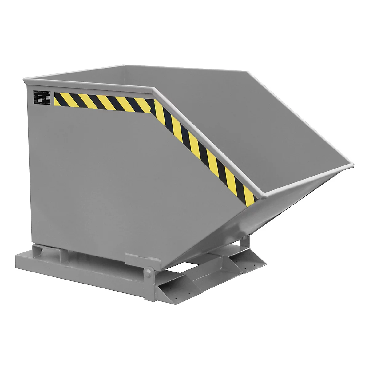 Gray tipping container with beveled front. Yellow and black hazard markings on the edges. Standing on a base.