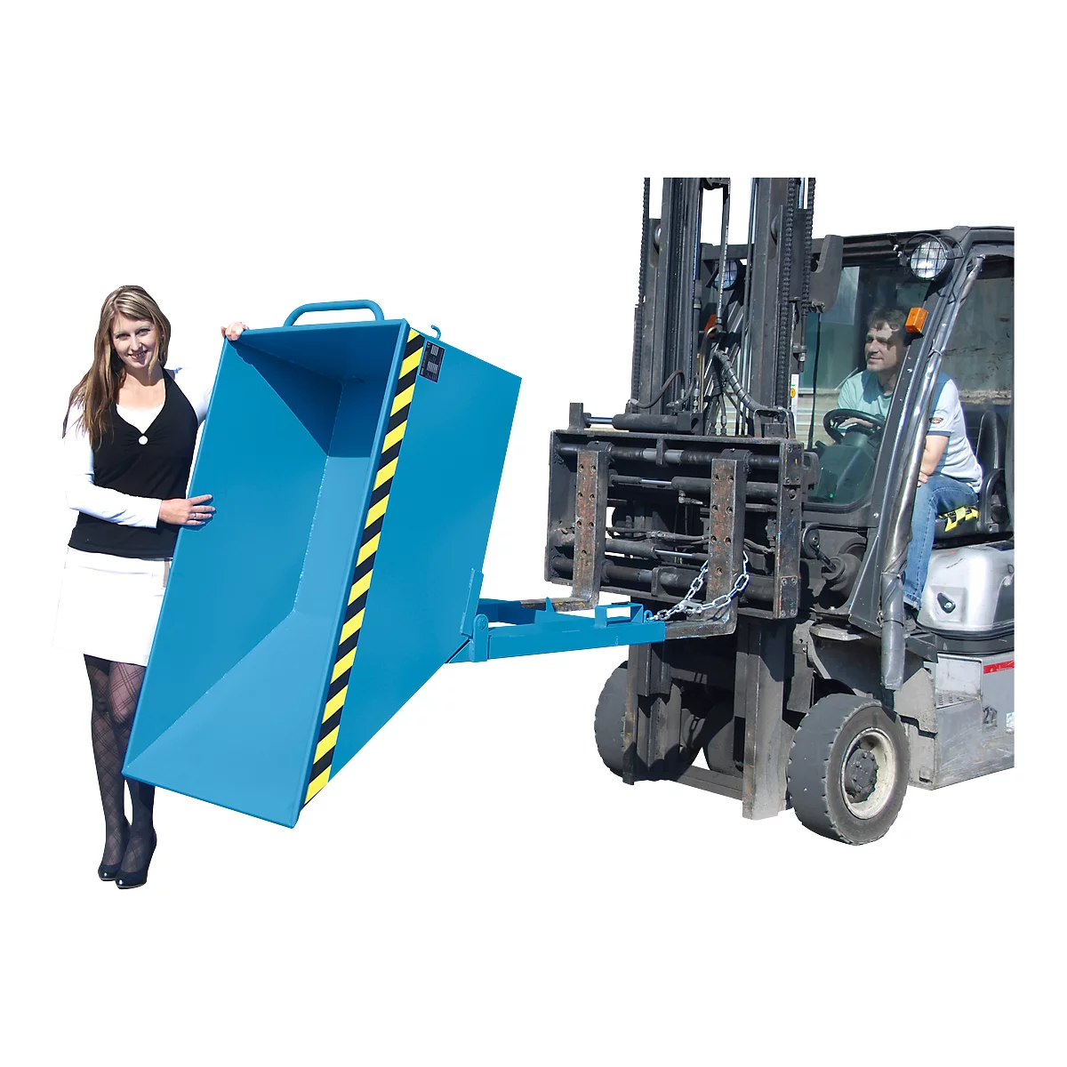 A woman stands next to a blue tipping skip held by a forklift. There is a yellow and black stripe on the skip.
