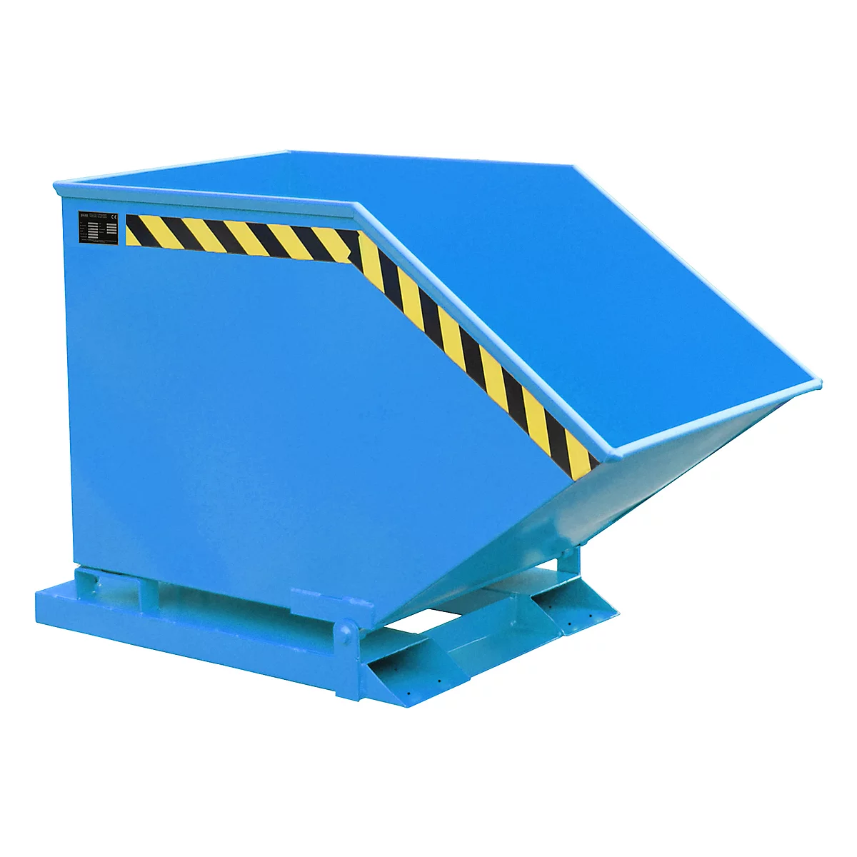 Blue tipping skip with yellow and black warning markings. The container is on a base and slightly inclined.