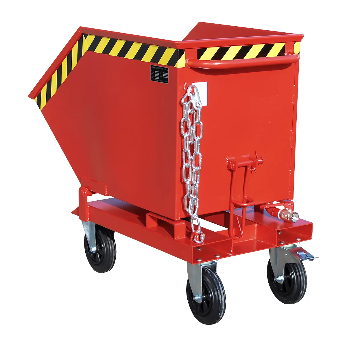 Red container on wheels with yellow and black warning markings. Chain and wheels are visible.
