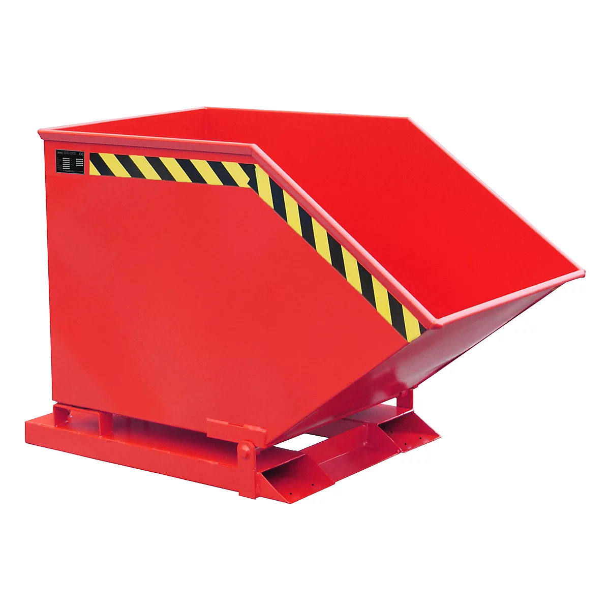 Red tipping skip with black and yellow warning stripes. The container is slightly angled.