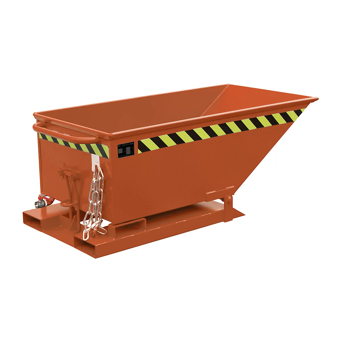 Orange skip bin with black and yellow warning tape. Chains and valve on the side.
