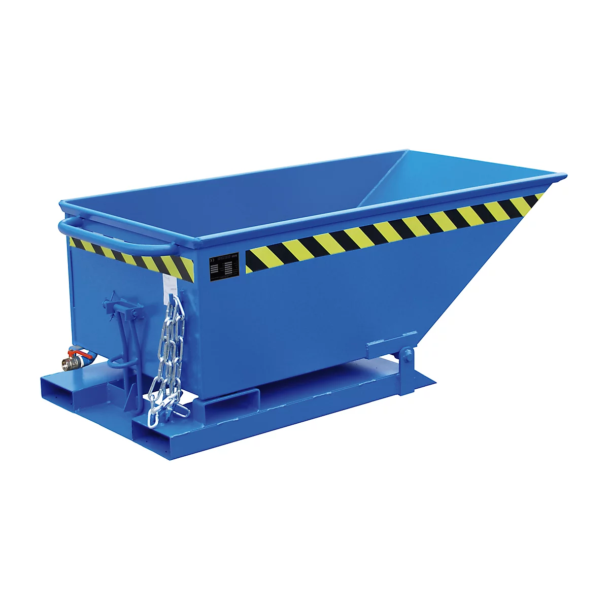 Blue skip with yellow and black warning marking. Chain and lever mechanism visible.