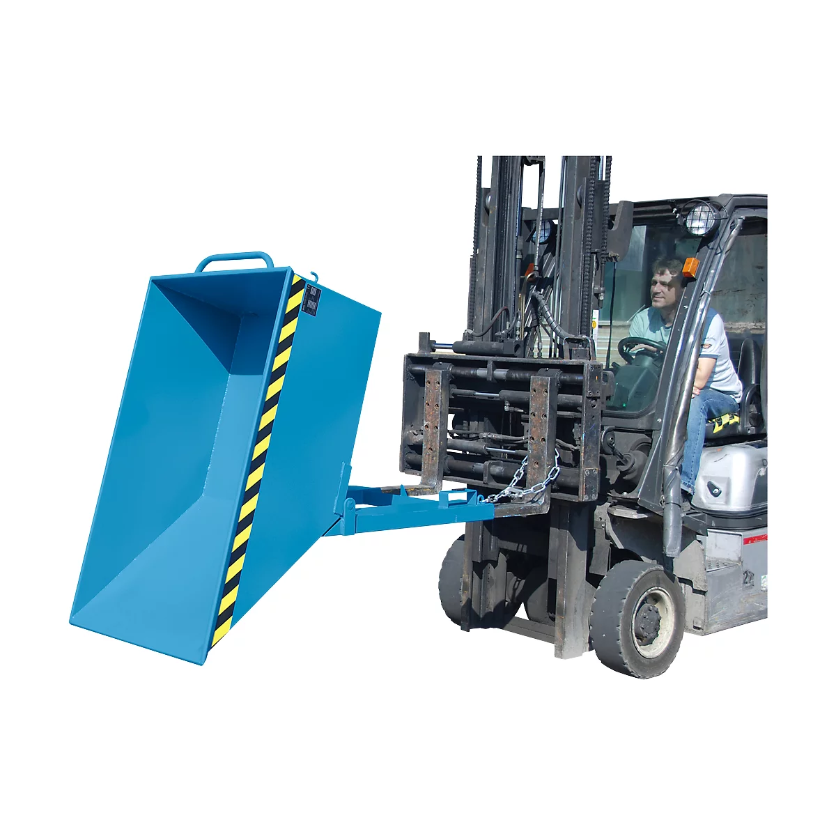 A blue tipping skip attached to a forklift fork. The skip is marked with a yellow and black stripe and is operated by a man.