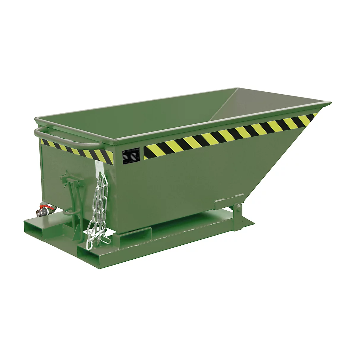 Green steel container with black and yellow warning stripes. It stands on a base and has a chain.