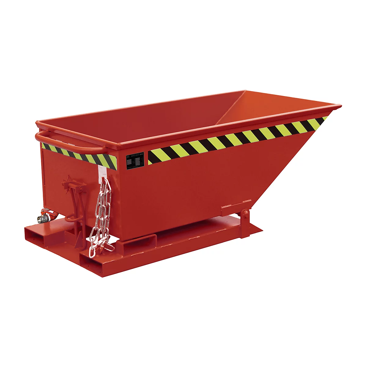 Red tipping skip with yellow-black warning stripes, metal construction. Chain and lever for tipping.