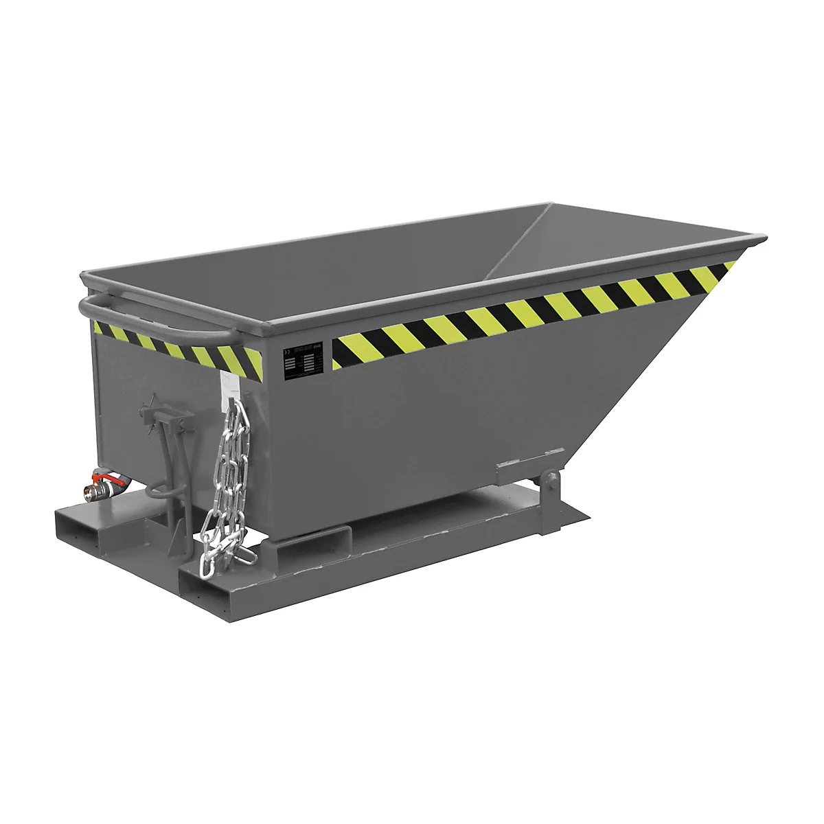 Gray rectangular tipping skip, with black and yellow warning tape and chain. Standing on a gray frame.