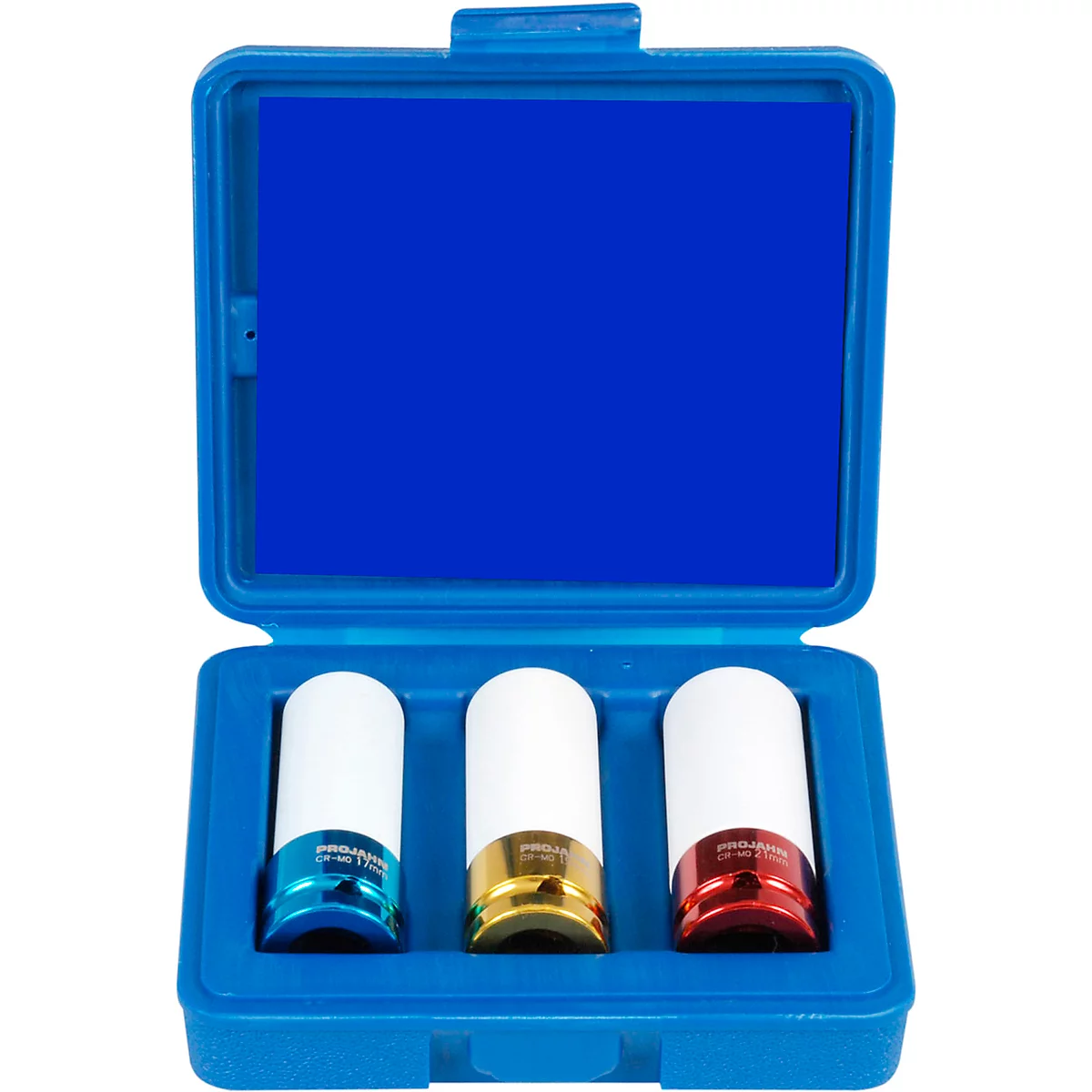 Blauwe gereedschapskist met drie wielmoeren in verschillende kleuren.