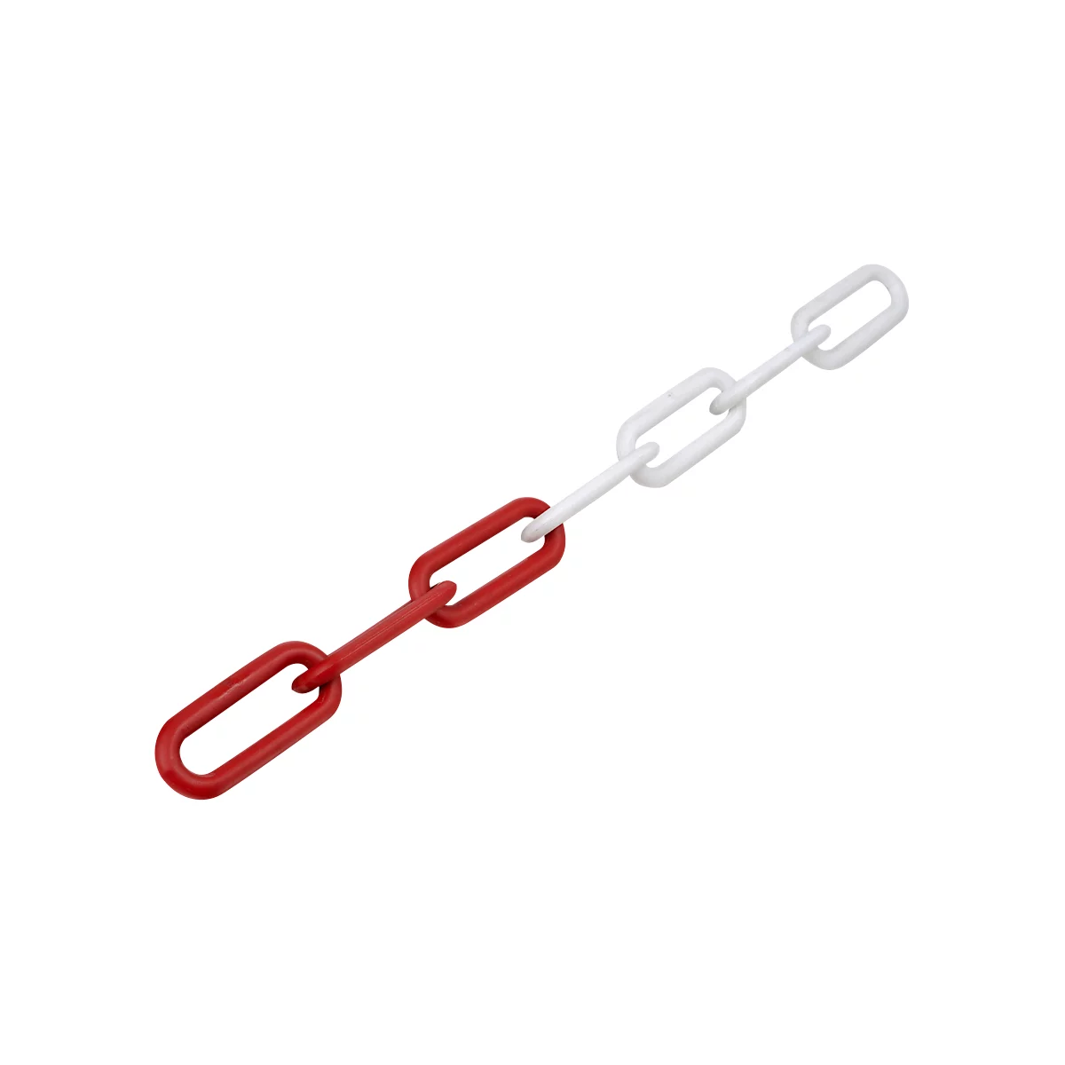Ketting van rood en wit plastic, diagonaal op een witte achtergrond.
