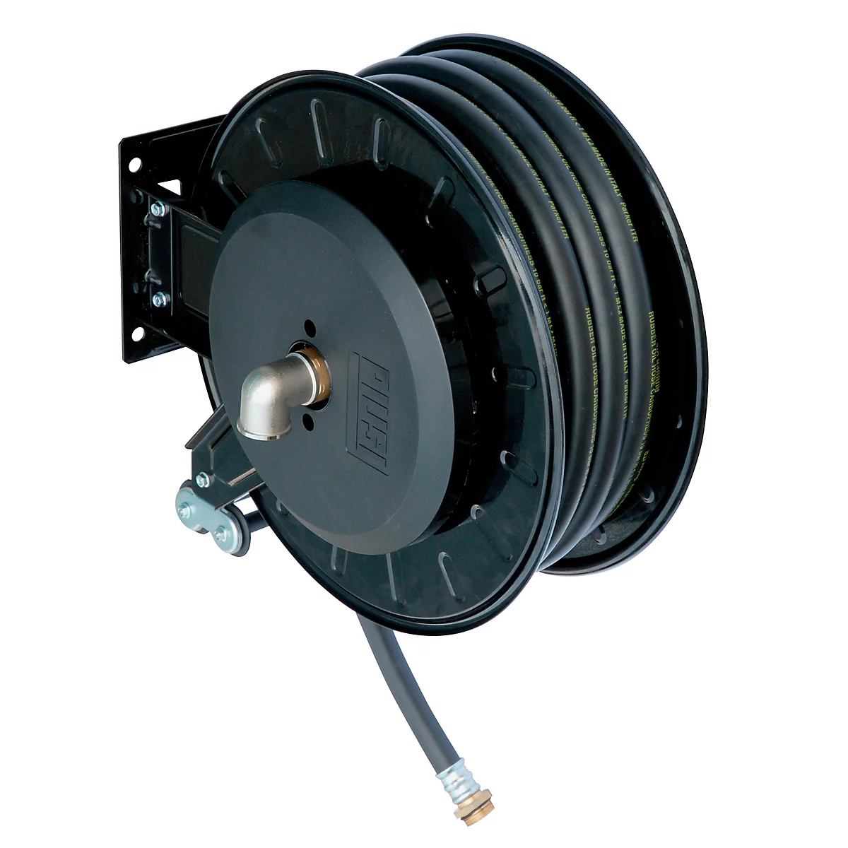 Slanghaspel CEMO, plaatstaal, gelakt, voor diesel, open, met knikarm, 1" IG/AG, 8m slanglengte, Ø 25 mm