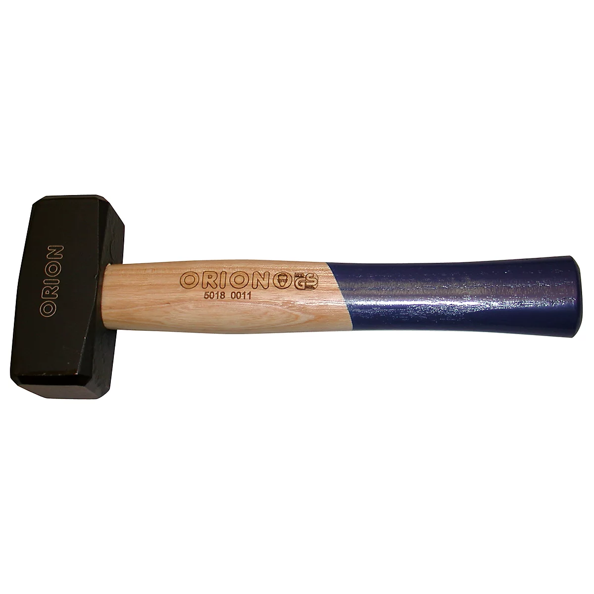 Sledgehammer with black head and wooden handle, blue painted grip. 'ORION' is written on the hammer head.