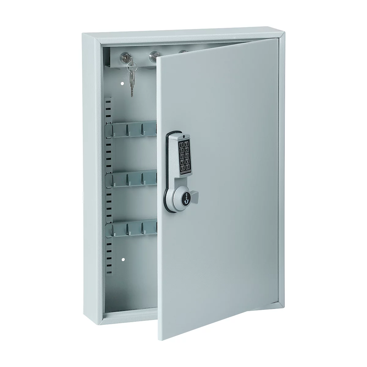 Sleutelkast ELO, met 30 haken, met beveiligde haken, elektrisch slot incl. 9 V blokbatterij, lichtgrijs RAL 7035