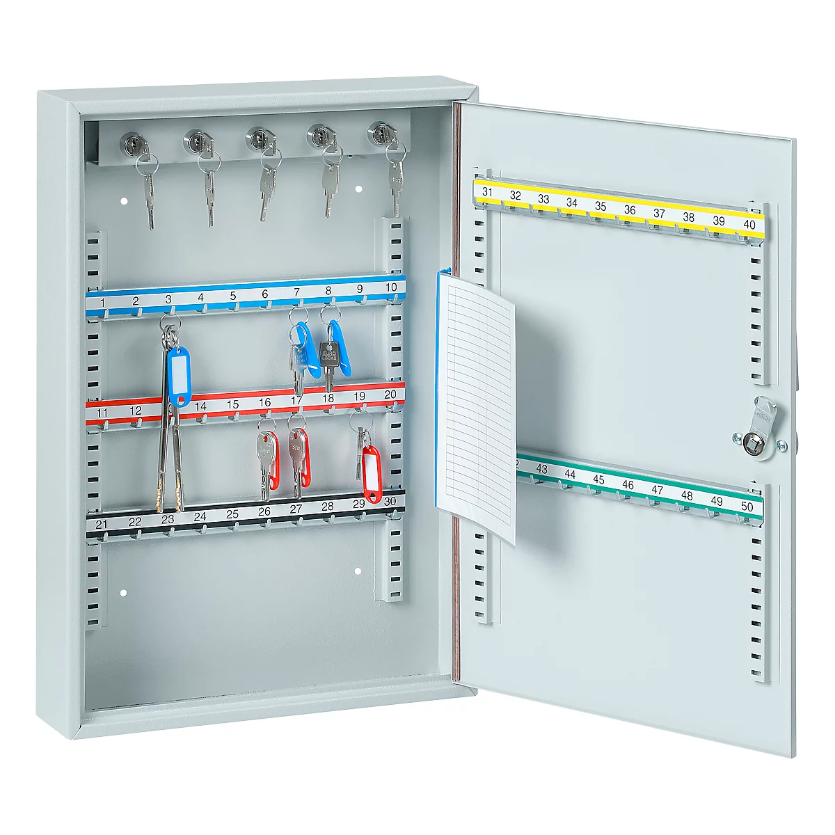 Sleutelkast ELO, met 50 haken, met beveiligde haken, elektrisch slot incl. 9 V blokbatterij, lichtgrijs RAL 7035