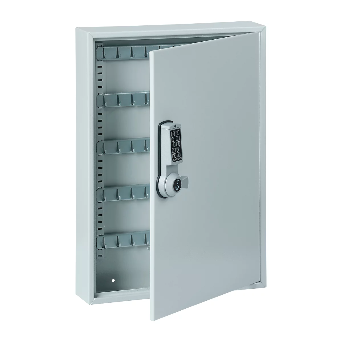 Sleutelkast ELO, met 50 haken, met beveiligde haken, elektrisch slot incl. 9 V blokbatterij, lichtgrijs RAL 7035