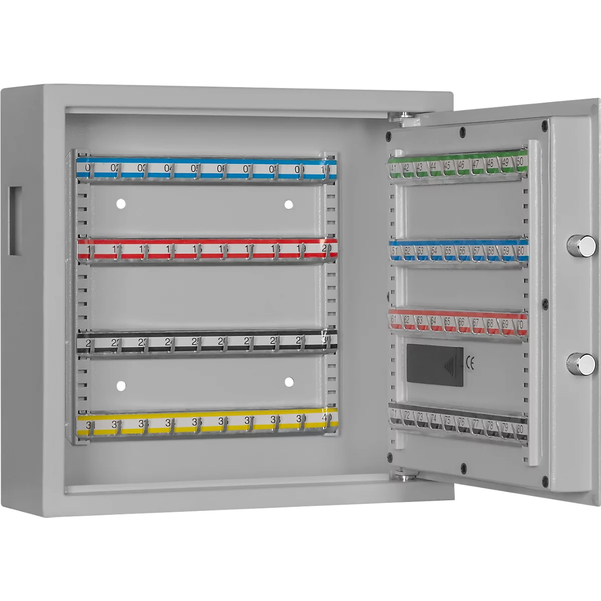 Sleutelkast SLE 80, voor wandmontage, 80 haken, met insteekopening, deurscharnier rechts, elektronisch slot met batterijen, incl. verankeringsmateriaal, B 460 x D 130 x H 430 mm, plaatstaal, lichtgrijs RAL 7035