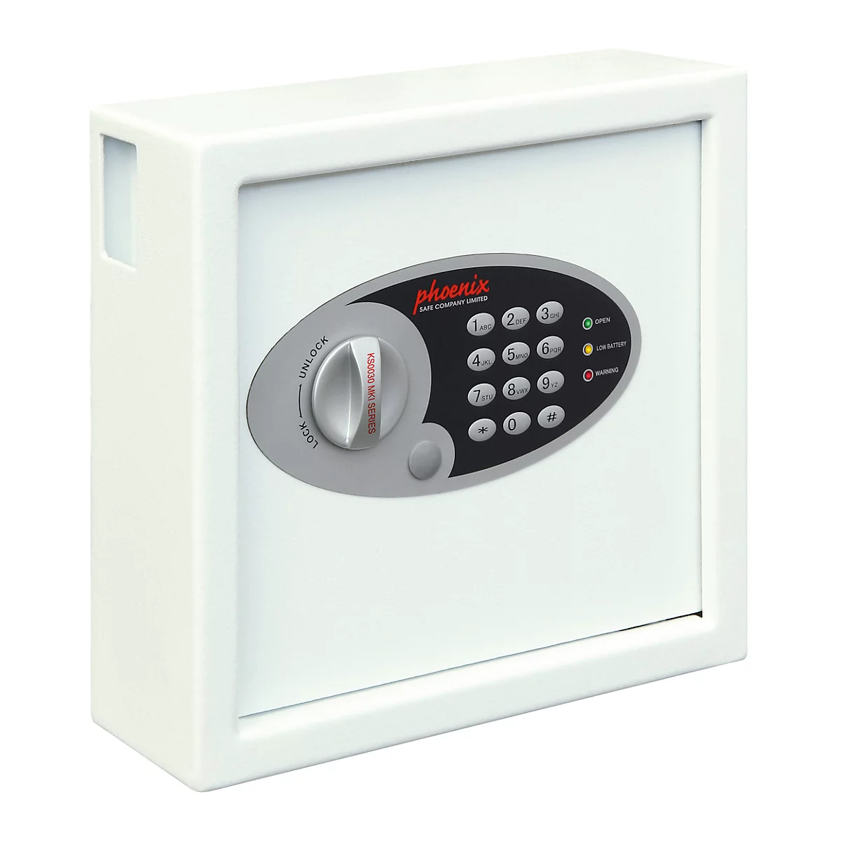 Witte kluis met cijfercode en draaiknop.