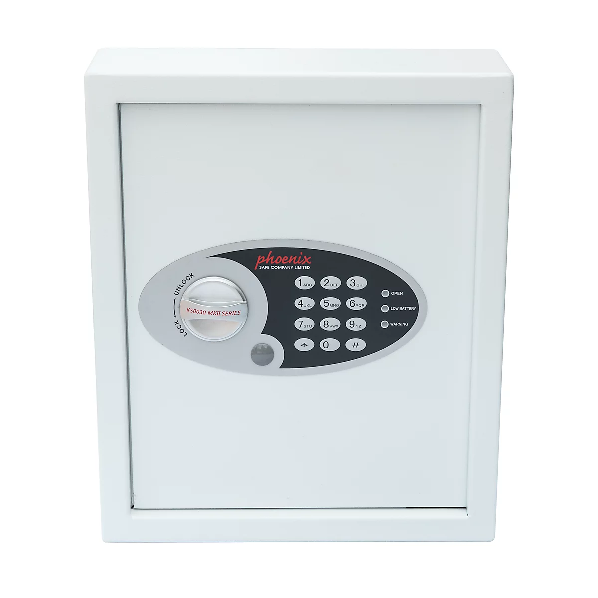 Witte kluis met numeriek toetsenbord, draaiknop en Phoenix-logo. "PRESS AND SHIFT" staat op de knop.