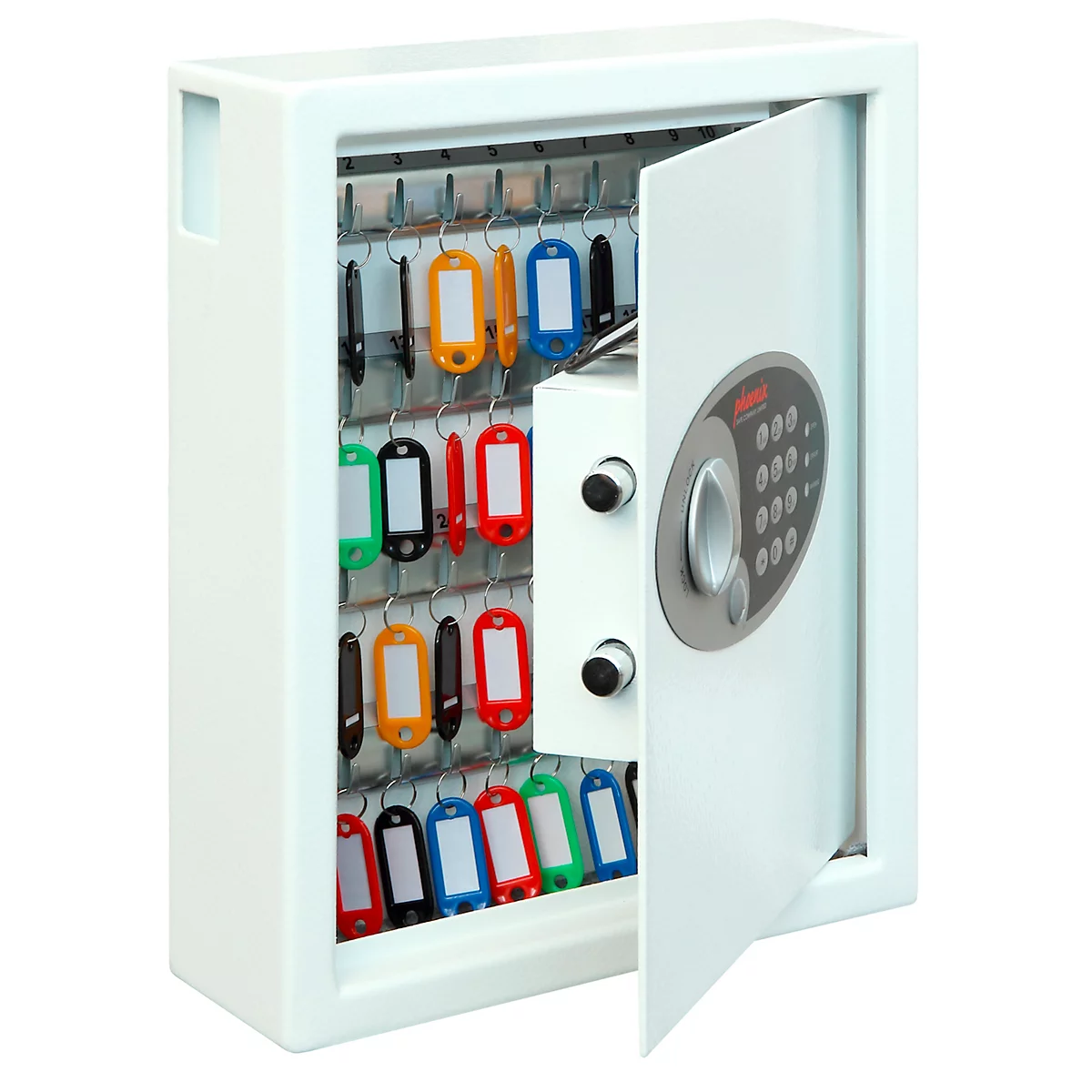 Witte sleutelkluis met open deur. Kleurgeordende sleutelhangers hangen binnenin. Er zit een elektronisch cijferslot op de deur.