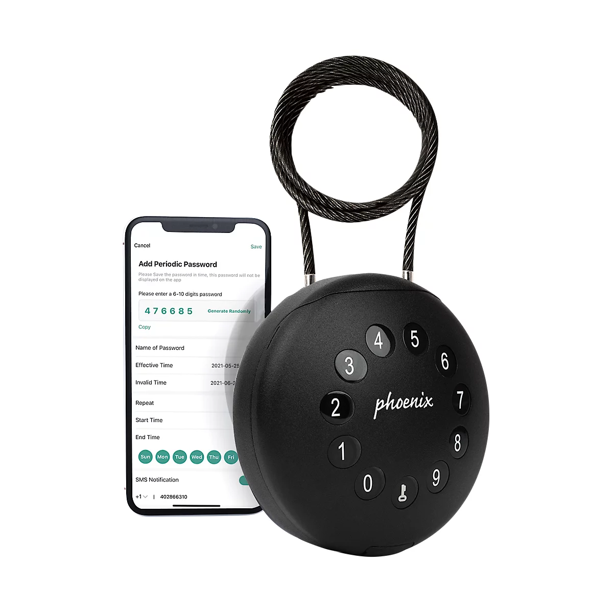 Sleutelkluis Phoenix Palm KS0212EC, gemotoriseerd sleutelslot, bediening via app, Bluetooth, waterdicht/stofdicht IP65, met roestvrijstalen kabel, zwart