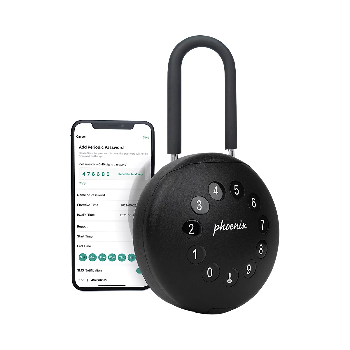 Sleutelkluis Phoenix Palm KS0213ES, gemotoriseerd sleutelslot, bediening via app, Bluetooth, waterdicht/stofdicht IP65, met slotbeugel, zwart