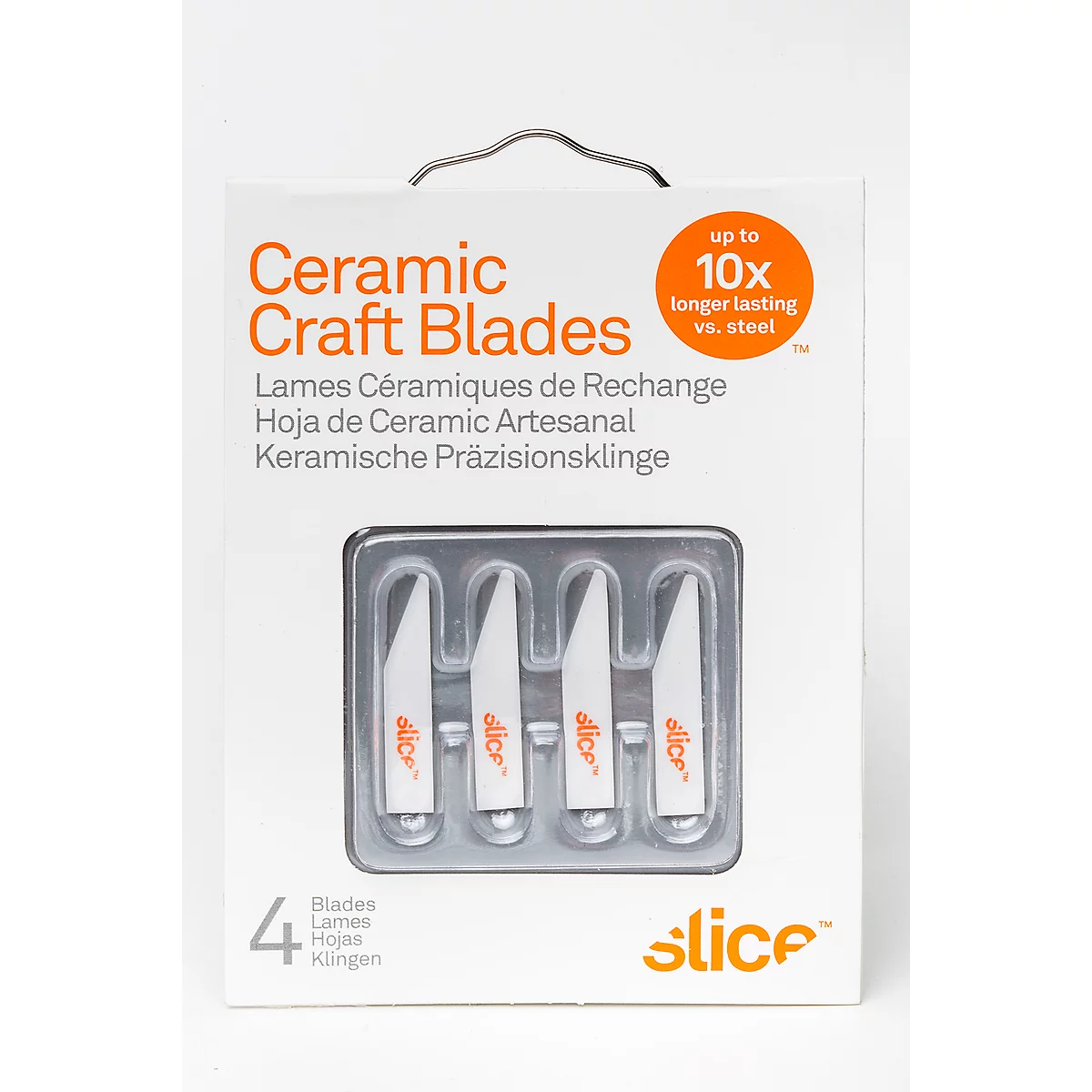 White ceramic craft blades in packaging, "Slice" logo. Inscription: Up to 10x longer lasting vs. steel.