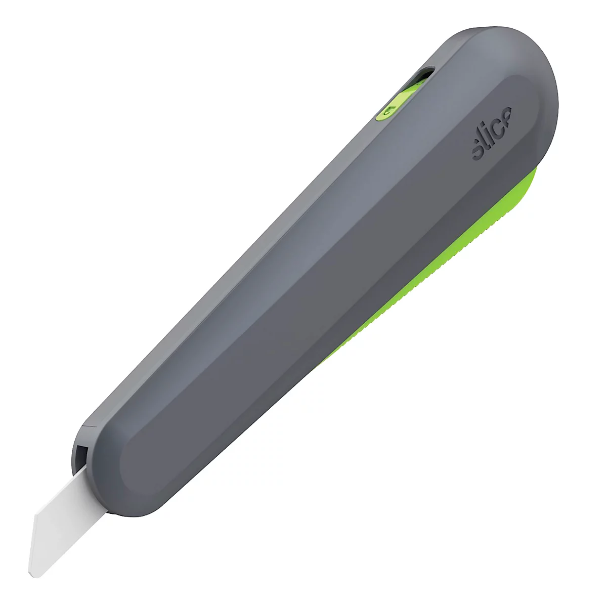 Cutter gris avec des accents verts, la lame est blanche. Sur le côté, il est écrit 'slice'.