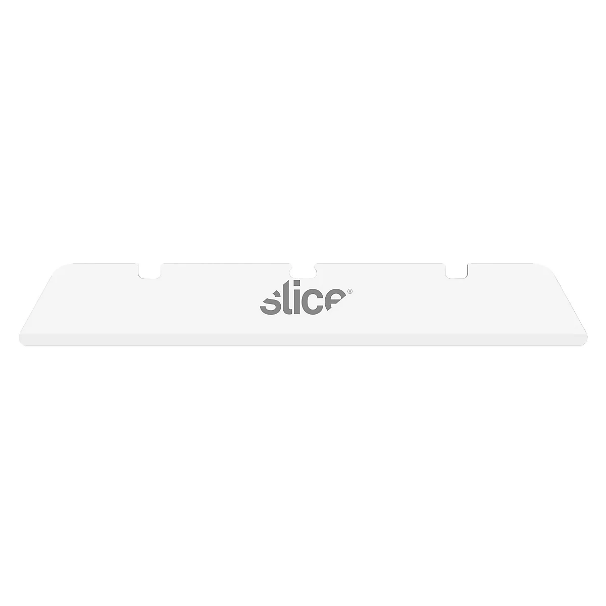 Weiße Slice-Klinge mit Logo. Geformt wie eine flache, leicht abgerundete Platte mit drei Kerben.