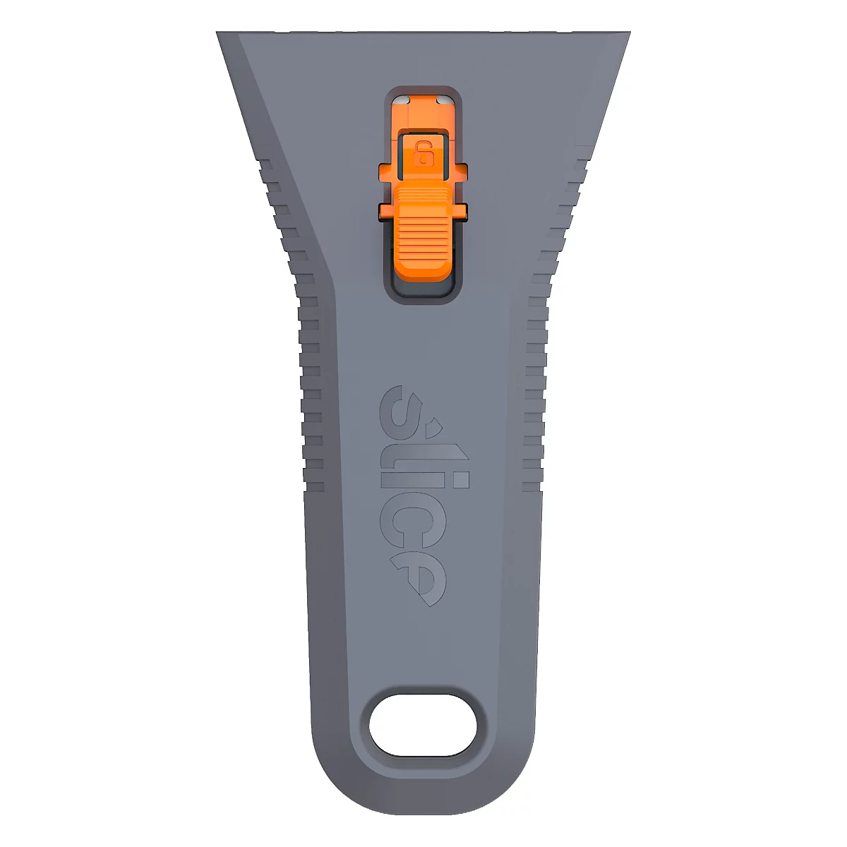 Grattoir gris avec curseur et poignée orange. Le mot "slice" est sur la poignée.