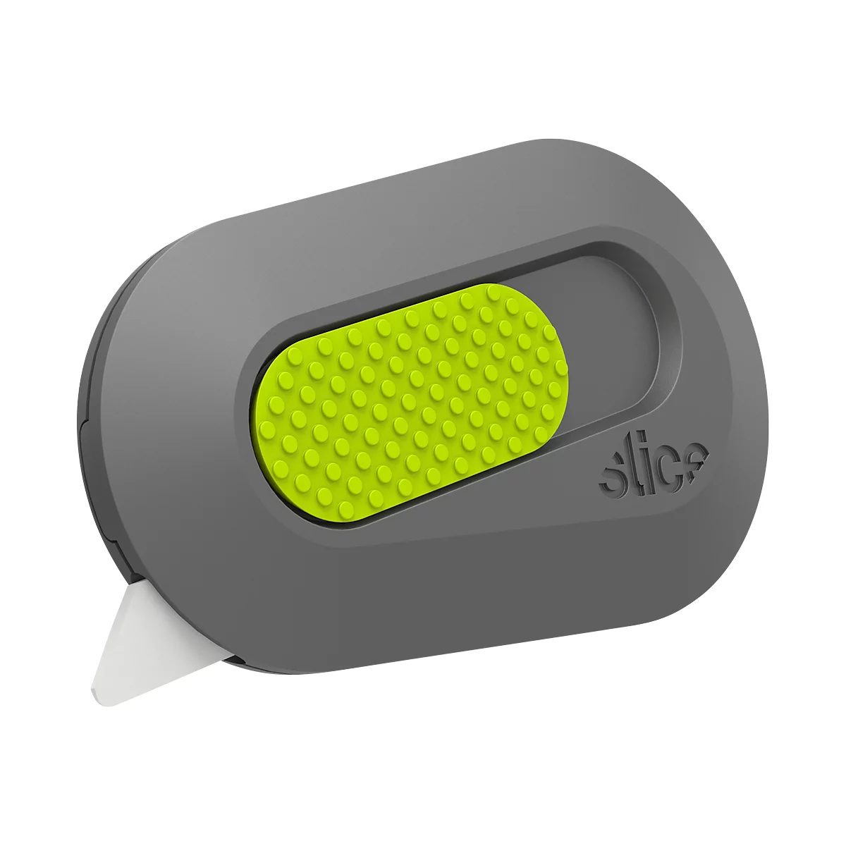 Gray safety cutter with green slider and white blade, with the word Slice.