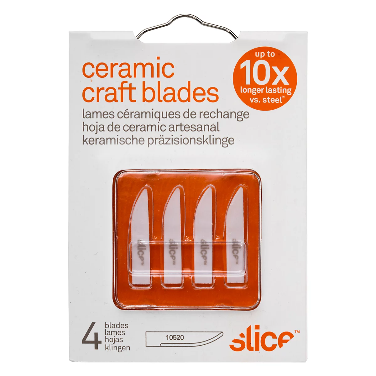Packaging with four white ceramic craft blades. Top right states "up to 10x longer lasting vs. steel".