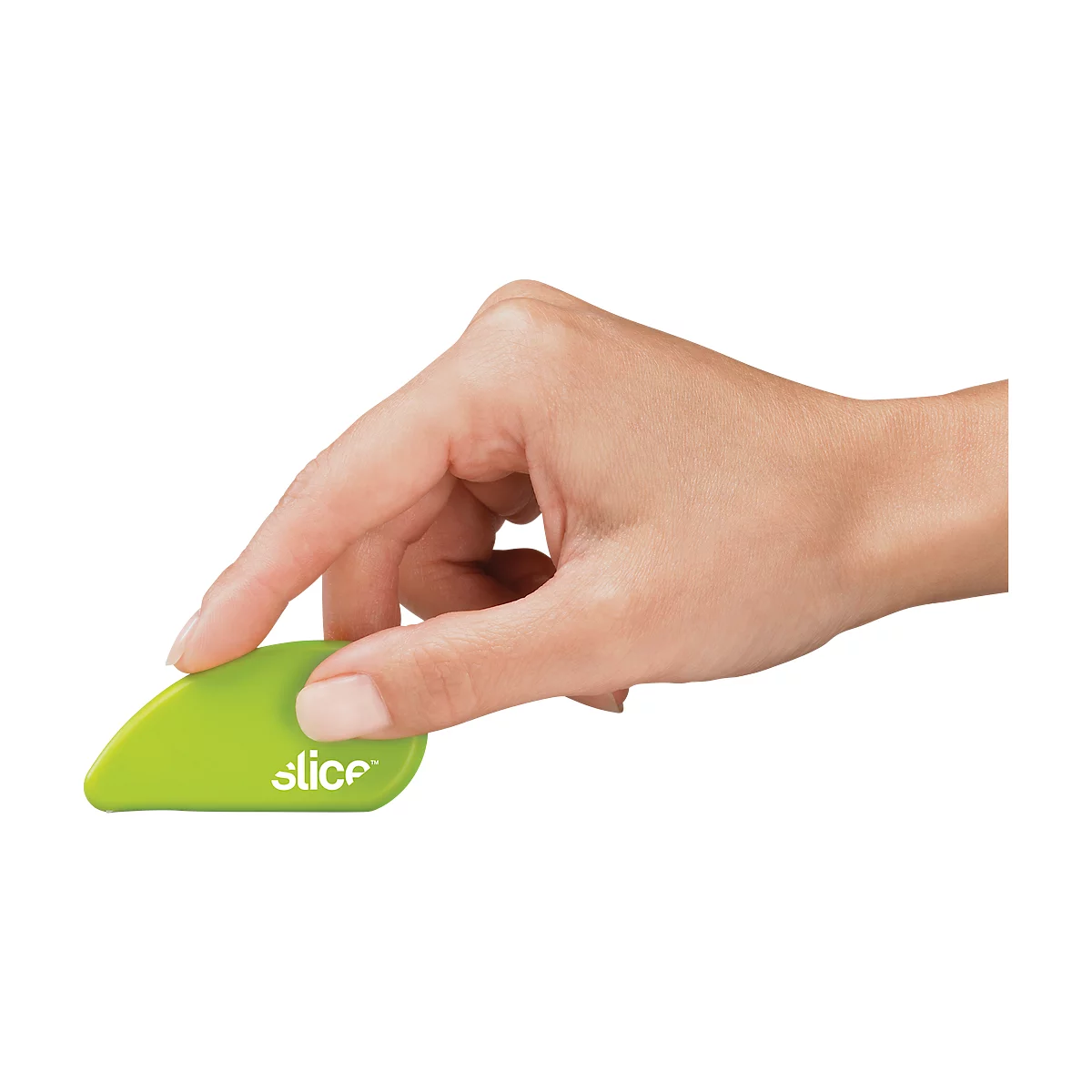 Hand holding a green object with the word 'slice'.