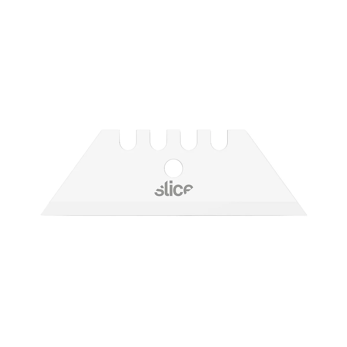 Weiße, trapezförmige Klinge mit drei Aussparungen am oberen Rand und einem Loch. Der Schriftzug "slice" ist mittig platziert.